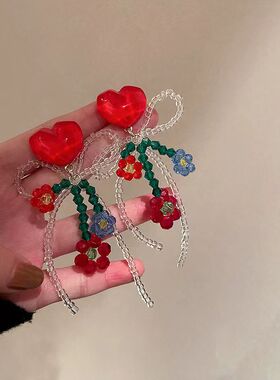 手工蓝色串珠水晶花朵独特耳环显脸小蝴蝶结女夏S925银针甜美耳饰