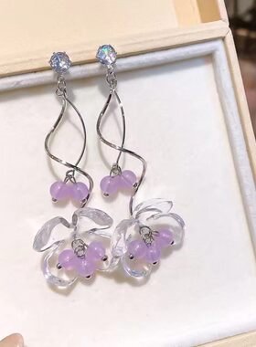 超仙紫色花朵流苏耳钉