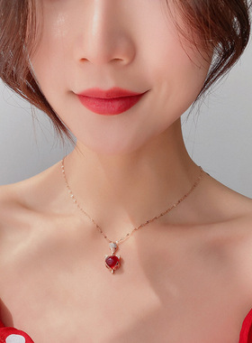 水晶镶钻红宝石钛钢不掉色锁骨链