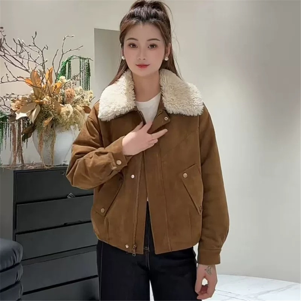 复古羊羔毛领麂皮绒加厚夹克外套女冬季新款宽松休闲保暖棉服上衣 - 图0