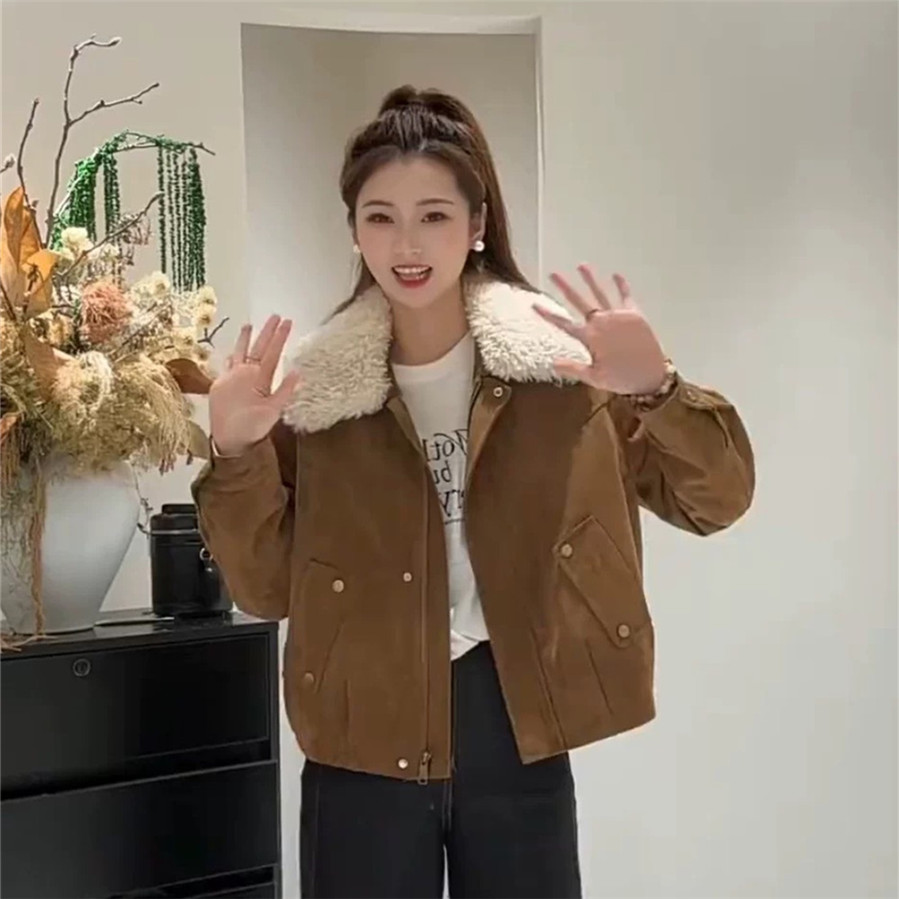 复古羊羔毛领麂皮绒加厚夹克外套女冬季新款宽松休闲保暖棉服上衣 - 图1