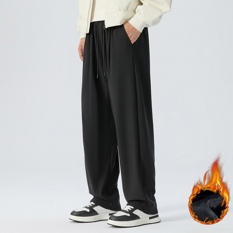 300斤胖子男裤冬加绒直筒休闲长裤加大码宽松带绒加厚保暖阔腿裤 - 图0