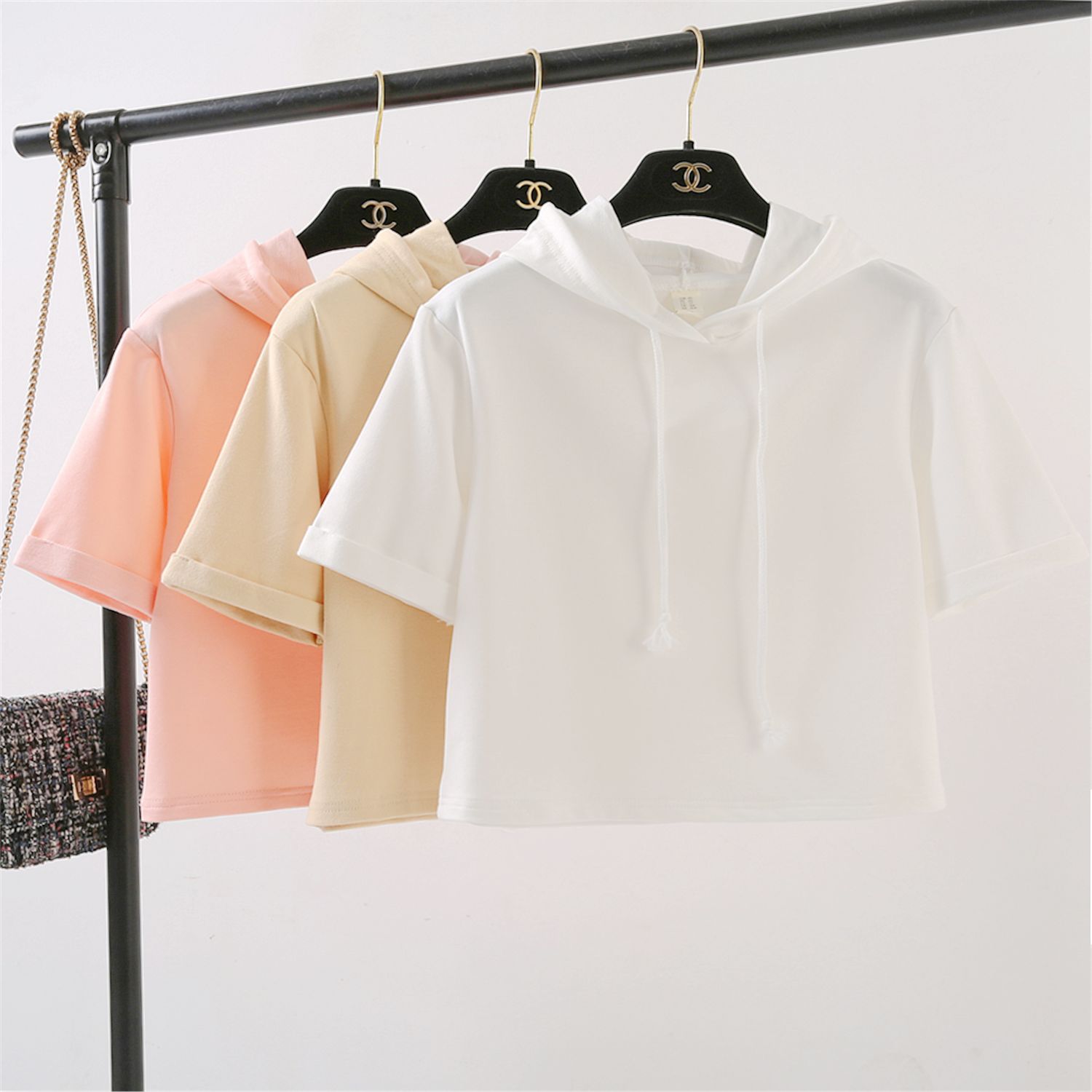 短袖卫衣女连帽带帽宽松韩版短款套头高腰学生