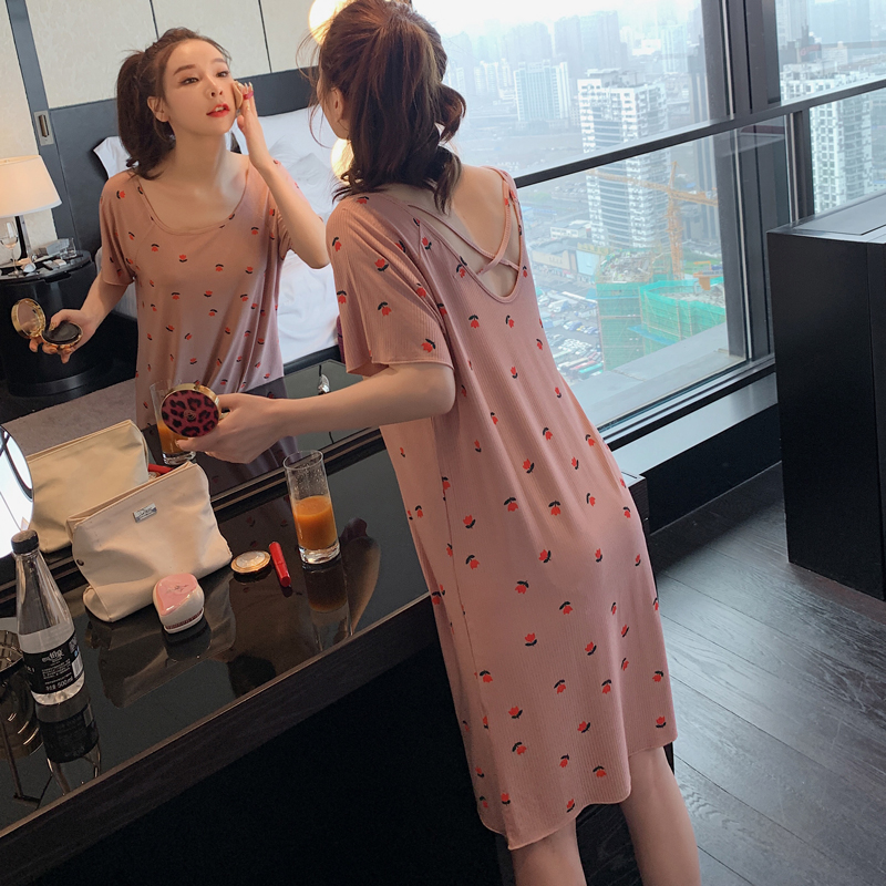 As日落小街夏季睡裙女莫代尔棉薄款甜美短袖睡衣小性感露背春秋中长款连衣裙0