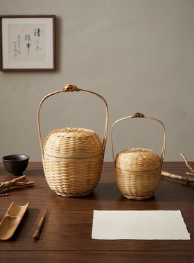 日式手工竹编带盖茶道点心篮