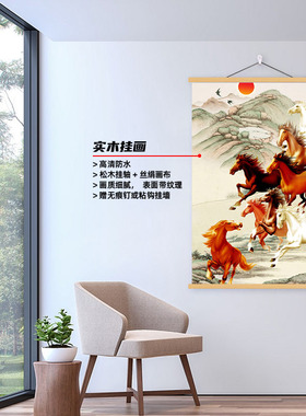 竖版八骏图万马奔腾马到成功中堂背景画玄关背景墙海报自粘装饰画