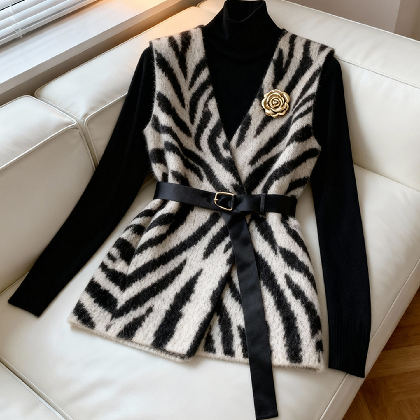 斑马纹针织马甲女冬高级感时髦洋气叠穿巨好看气质小香风收腰外套,淘宝优惠券,粉丝福利购,淘宝优惠卷