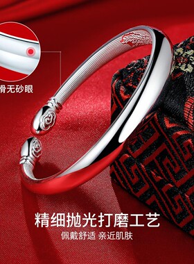 9999纯银龙凤对珠贵妃手镯女实心开口时尚手环送妈妈婆婆节日礼物