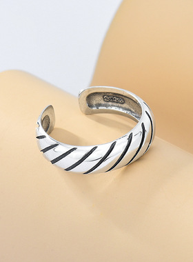 复古做旧条纹小众设计日韩风戒指