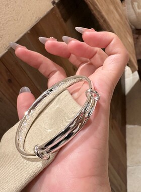 新款足银9999纯银手镯推拉手雕花开富贵手镯女款民族风银饰银镯子