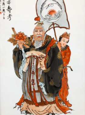 王大凡作品老件木框手绘粉彩瓷板画高90*53公分大富大贵挂屏摆件