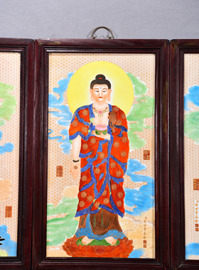 书房佛堂供奉老件木框镶手绘珐琅彩瓷板画郎世宁西方三圣挂板一组