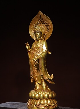 独特收藏精品纯铜浮雕鎏金带背光站莲花宝座观音菩萨大摆件