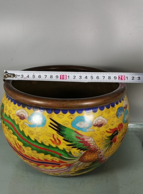 独特收藏纯铜景泰蓝乾隆年制款黄色珐琅彩龙凤祥瑞香炉缸摆件
