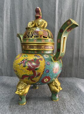 独特收藏纯铜景泰蓝掐丝珐琅龙凤呈祥象盖朝冠耳三足大薰香炉摆件