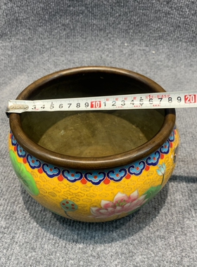 独特收藏纯铜景泰蓝黄色珐琅彩乾隆年制鲤鱼闹莲香炉缸摆件