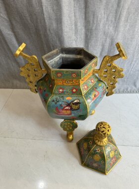 独特收藏纯铜景泰蓝掐丝珐琅彩鸳鸯戏水和好如意耳大薰香炉摆件