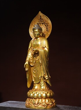 独特收藏精品纯铜浮雕鎏金带背光站莲花宝座无量寿佛大摆件