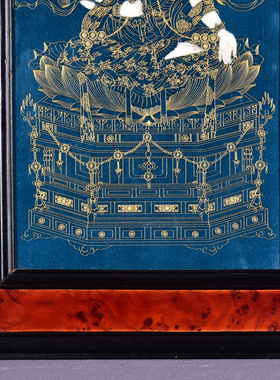 独特收藏老件双色木框天蓝底掐丝唐卡瓷板画文殊观音菩萨挂屏挂板