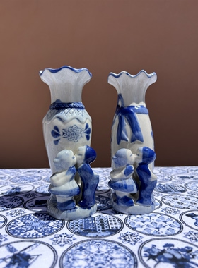 外贸荷兰代尔夫特蓝白陶瓷房子装饰摆件蓝彩亲亲娃娃花瓶都有微瑕