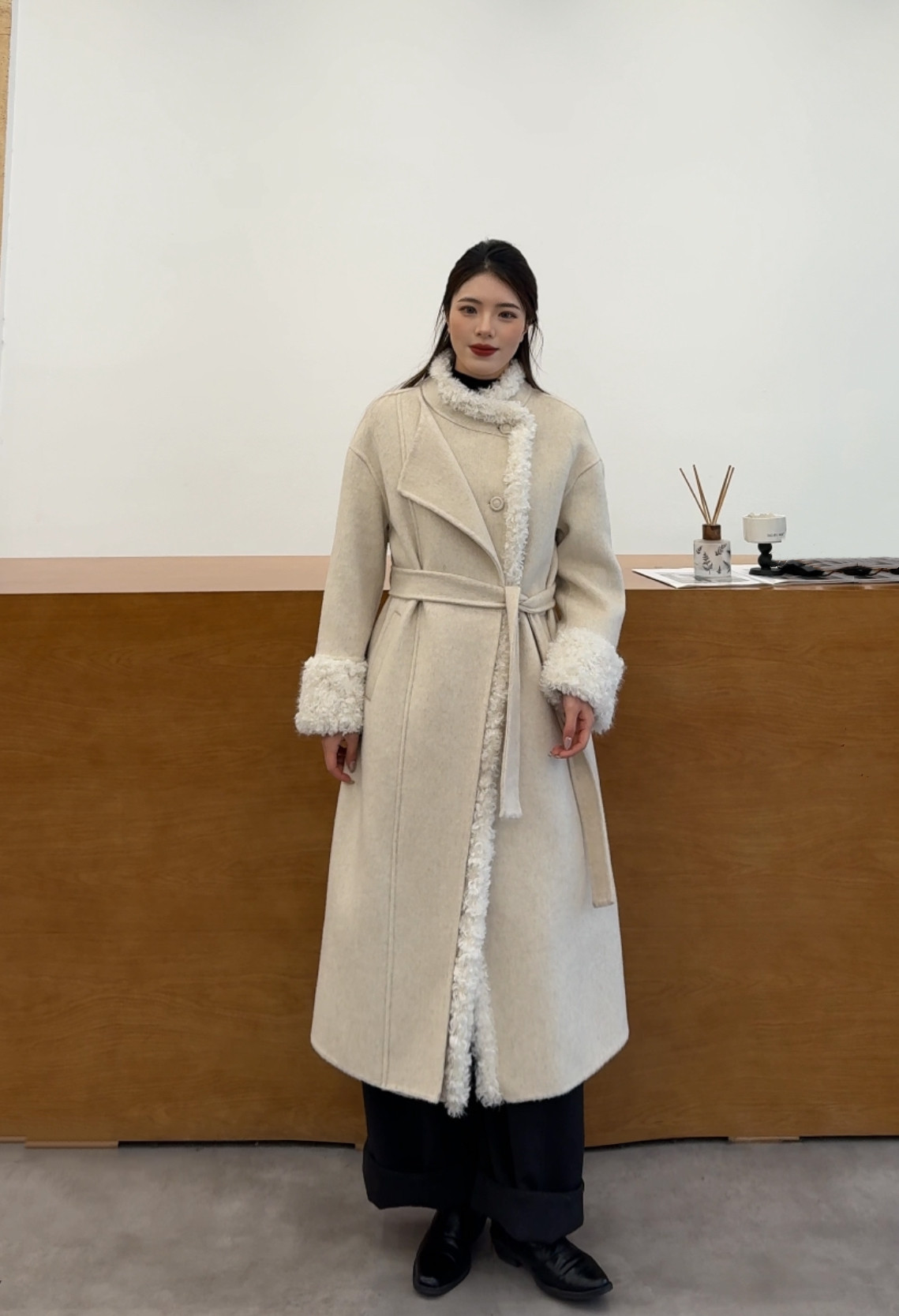 紫色袖口拼接双面羊毛大衣女2025冬季气质长款系带收腰毛呢外套女,淘宝优惠券,粉丝福利购,淘宝优惠卷