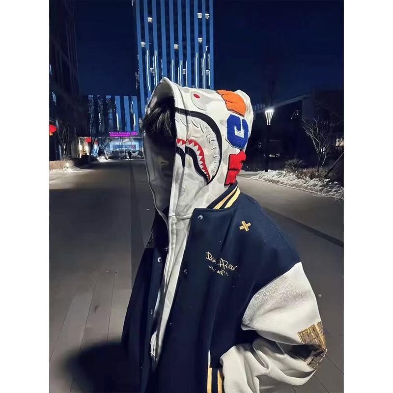 美式潮牌字母刺绣棒球服男女春秋撞色设计感宽松休闲情侣夹克外套 - 图1