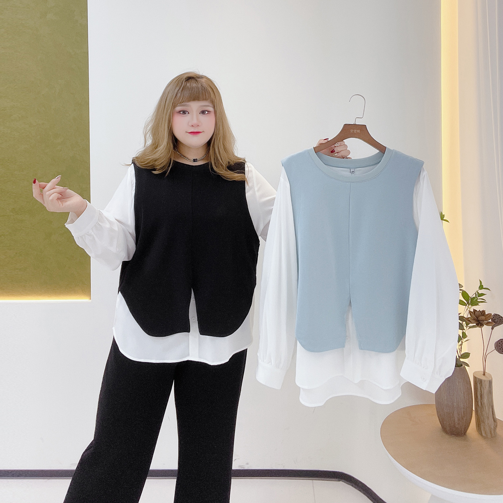 时尚撞色不规则设计感显瘦内搭胖莹莹大码女装秋季假两件长袖衬衫,淘宝优惠券,粉丝福利购,淘宝优惠卷