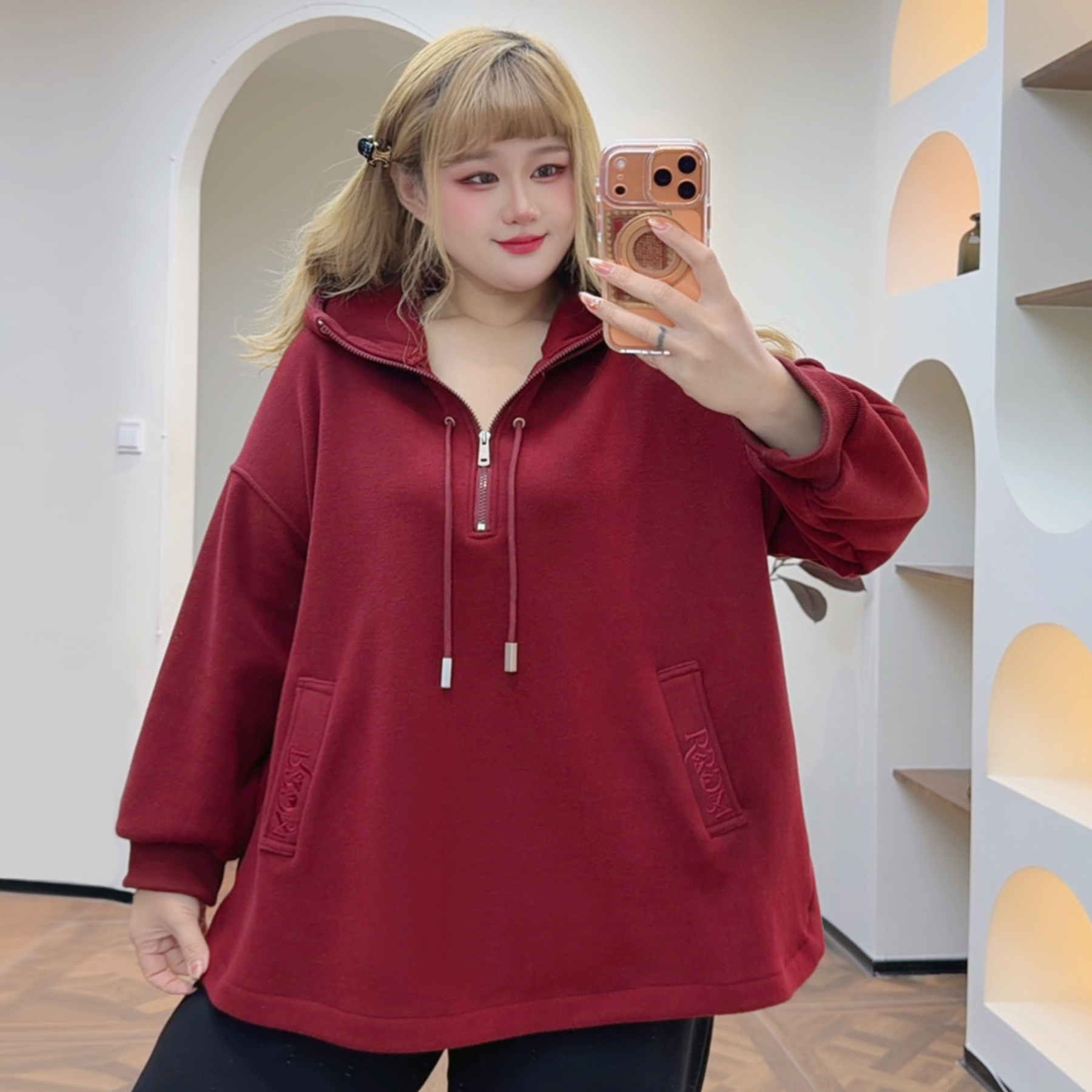 300斤加绒立领开叉上衣胖莹莹大码女装秋冬刺绣加肥连帽拉链卫衣 - 图0