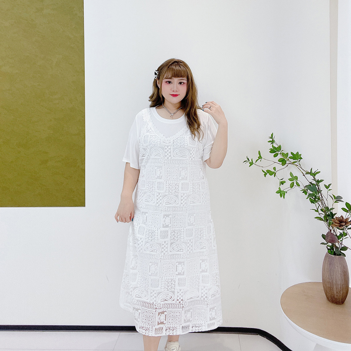 胖莹莹大码女装胖mm夏季长款T恤刺绣蕾丝吊带连衣裙叠穿遮肉套装,淘宝优惠券,粉丝福利购,淘宝优惠卷