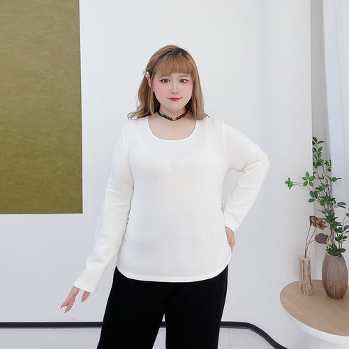 春季绒感保暖基础款打底衫胖莹莹大码女装纯色收腰显瘦内搭T恤衫 - 图0