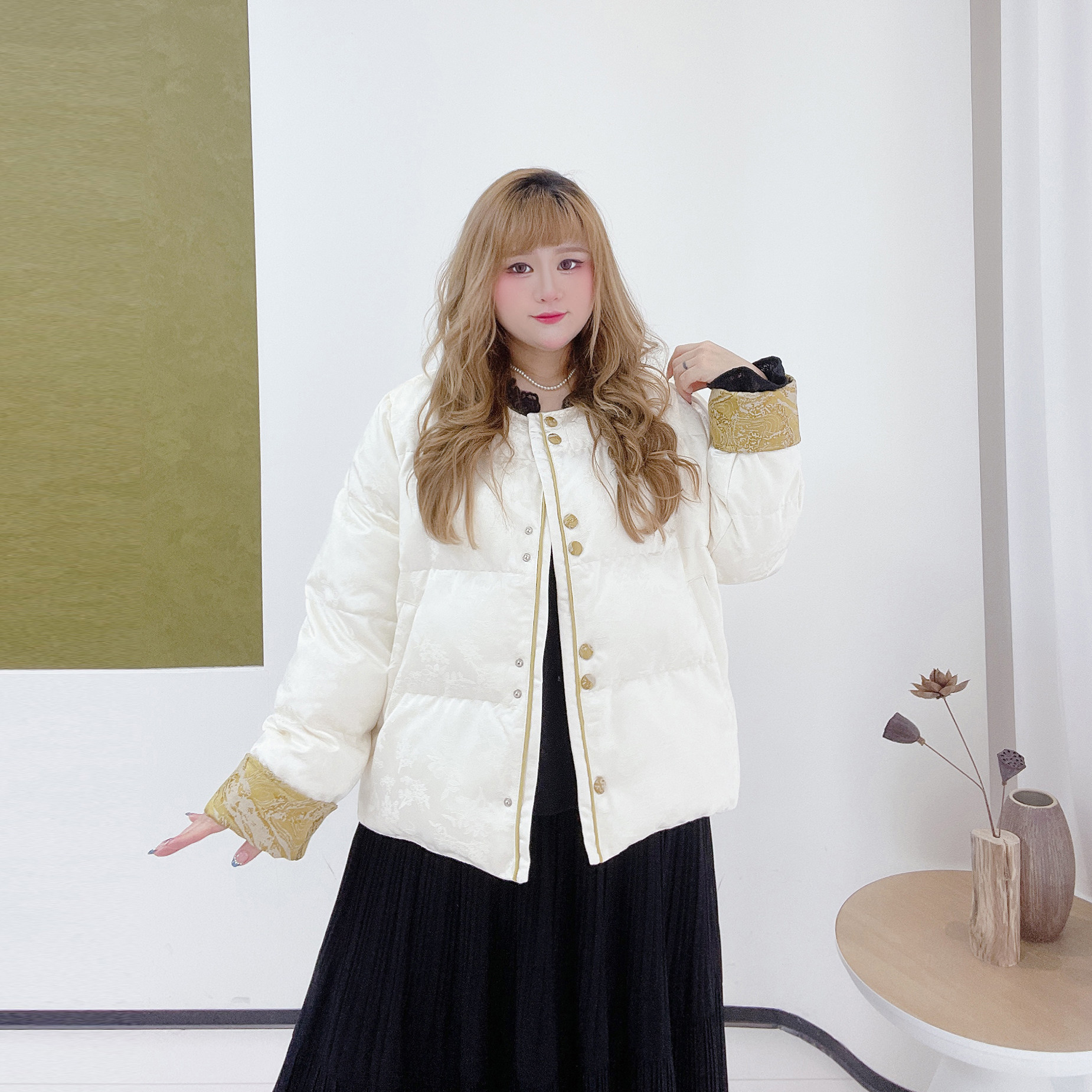 高级感新中式暗纹提花棉服胖莹莹大码女装冬季撞色甜美风加厚外套,淘宝优惠券,粉丝福利购,淘宝优惠卷