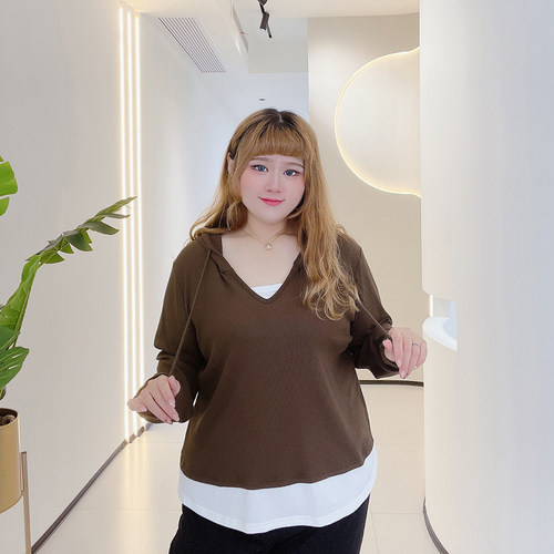 胖仙女莹莹大码女装胖mm春季连帽休闲小个子显瘦百搭假两件T恤衫 - 图0