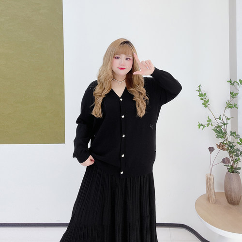 300斤减龄立体蝴蝶结显瘦毛衣女胖莹莹大码女装春季粉色针织开衫 - 图0