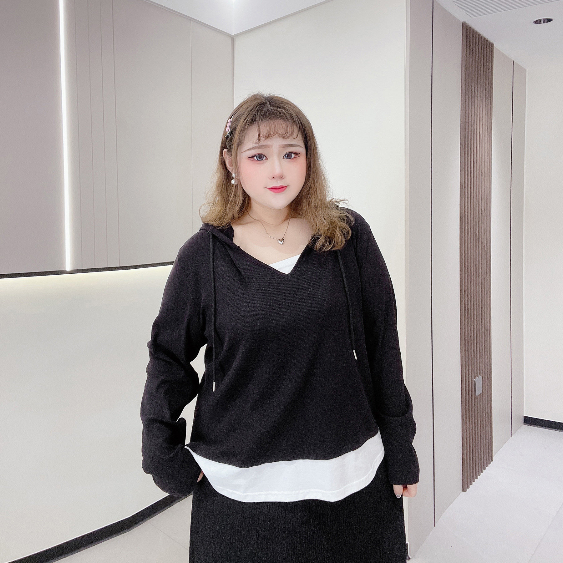 撞色假两件打底衫胖仙女莹莹大码女装胖mm春秋显瘦时髦连帽针织衫,淘宝优惠券,粉丝福利购,淘宝优惠卷