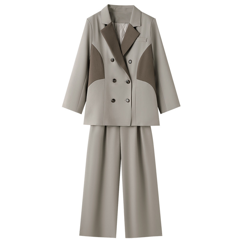 休闲风松弛感垫肩上衣胖莹莹大码女装秋冬撞色夹棉西装阔腿裤套装,淘宝优惠券,粉丝福利购,淘宝优惠卷