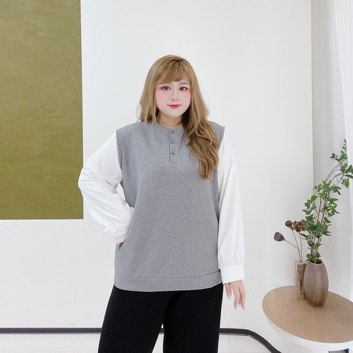 小清新圆领拼色遮肉上衣胖莹莹大码女装春季学院风衬衫假两件卫衣 - 图2