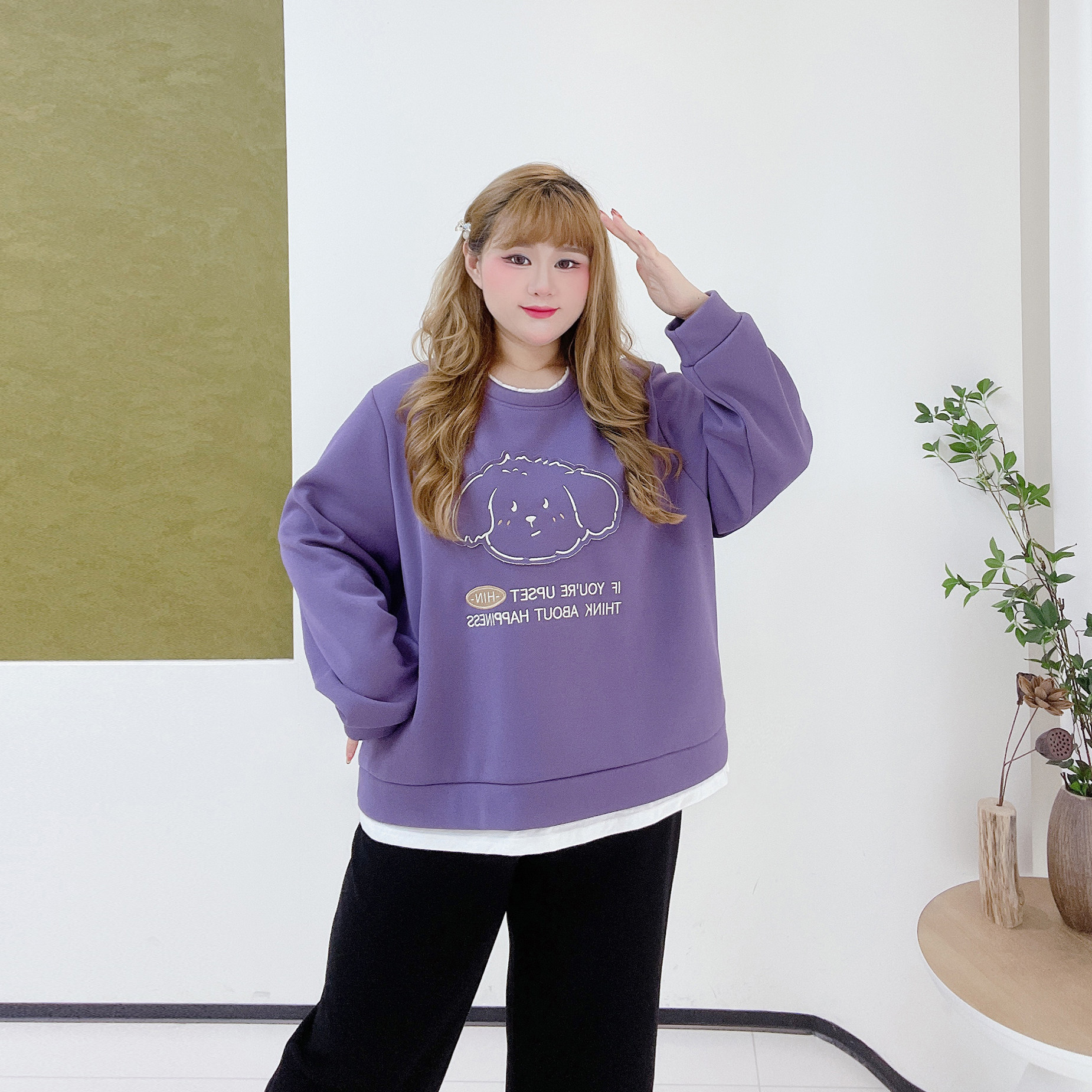 学院贴布刺绣加绒假两件胖莹莹大码女装秋冬撞色字母显瘦卡通卫衣,淘宝优惠券,粉丝福利购,淘宝优惠卷