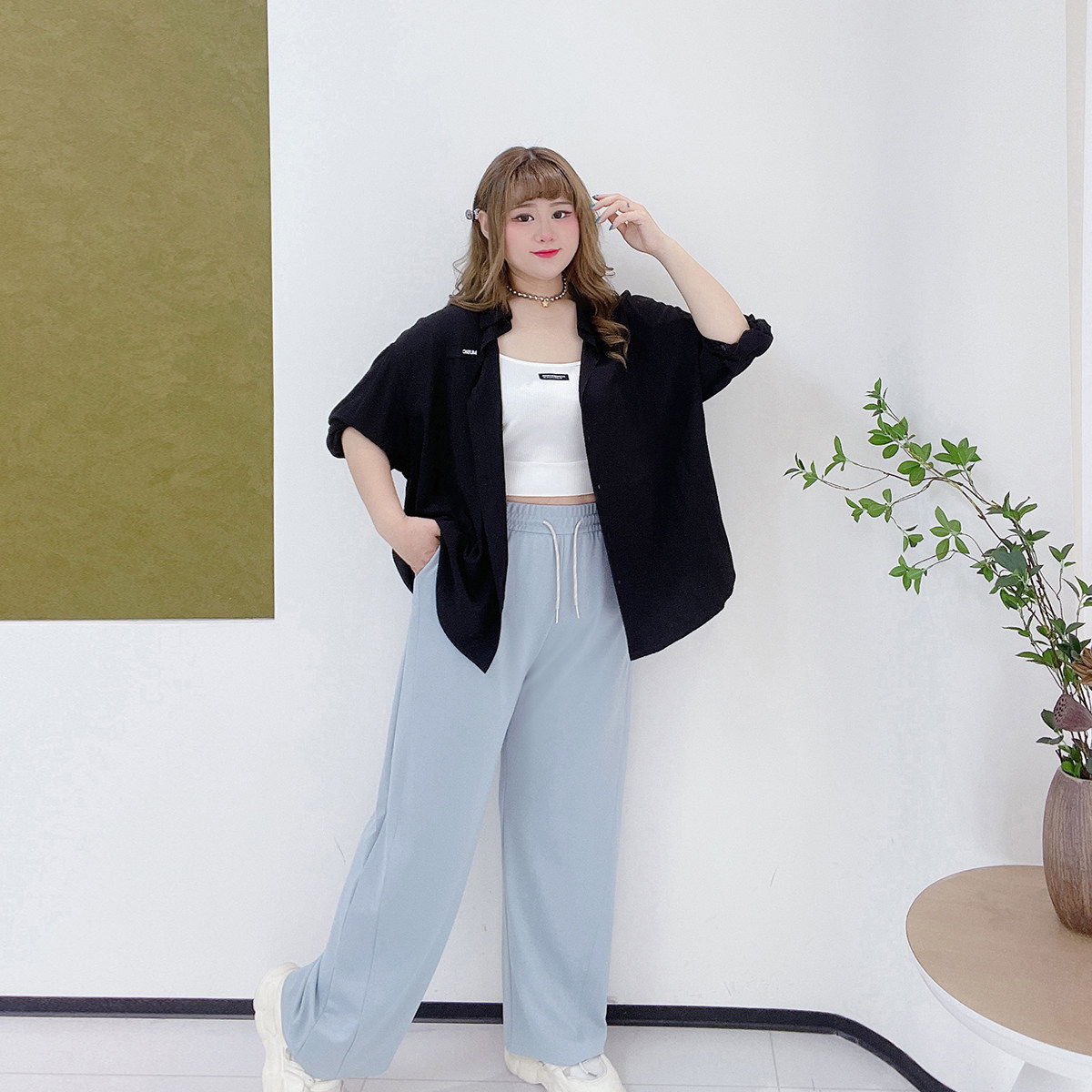 高腰显瘦百搭拼接香蕉裤胖莹莹大码女装胖mm慵懒风休闲黑色阔腿裤,淘宝优惠券,粉丝福利购,淘宝优惠卷