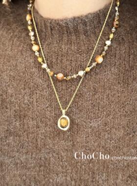 美拉德天然虎眼石串珠项链毛衣链