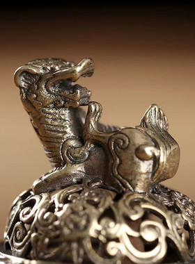 迷你麒麟狮子三足雕花实心铜香炉古玩摆件家居书房装饰