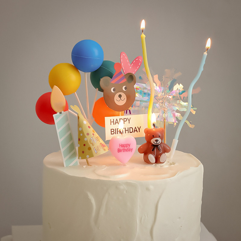 ins风小熊爱心蜡烛生日蛋糕装饰插件格子雨丝气球儿童甜品台烘焙,淘宝优惠券,粉丝福利购,淘宝优惠卷
