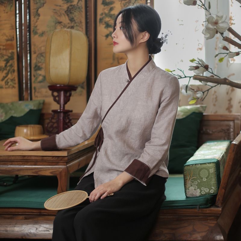 棉麻唐装茶艺服汉服套装中国风女装中式盘扣上衣茶艺师服装两件套-图0