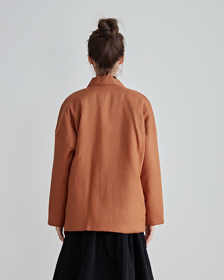 原创亚麻秋冬棉衣女复古宽松系带开衫棉服交领纯色加厚保暖短外套