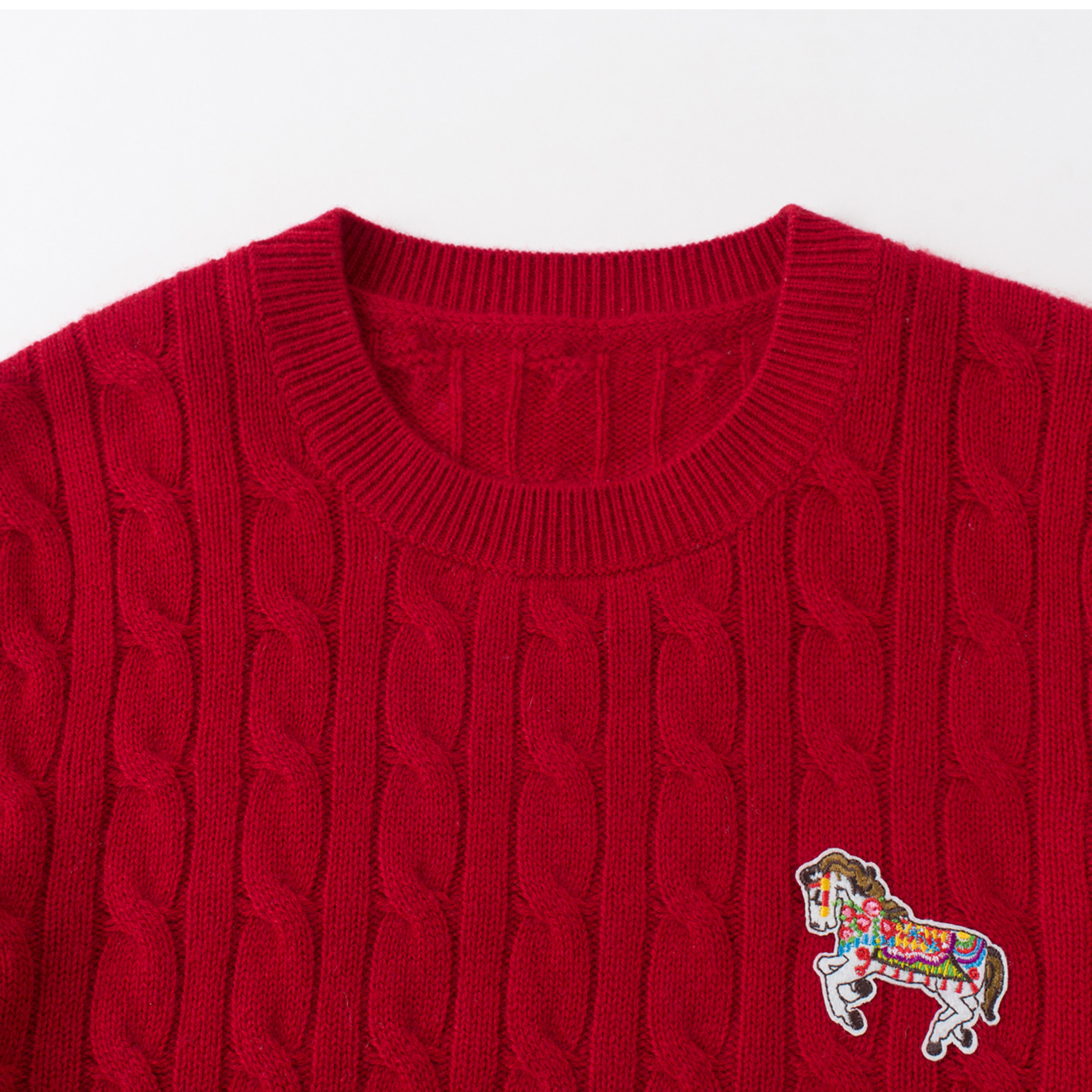 2026秋冬新款新年红羊绒衫女套头圆领本命年马刺绣绞花毛衣宽松款,淘宝优惠券,粉丝福利购,淘宝优惠卷