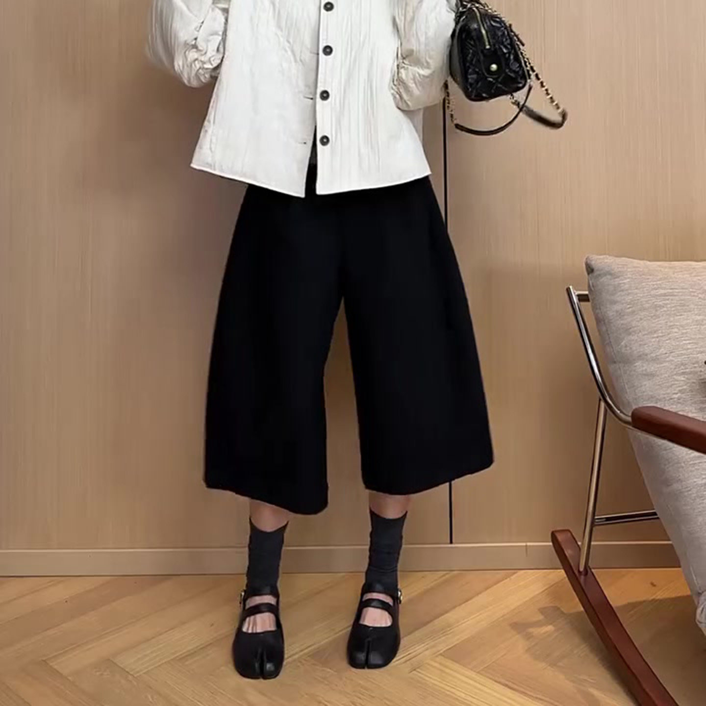 黑色慵懒风日系毛呢中裤2025大码胖mm气质百搭阔腿女裤子秋款视觉,淘宝优惠券,粉丝福利购,淘宝优惠卷