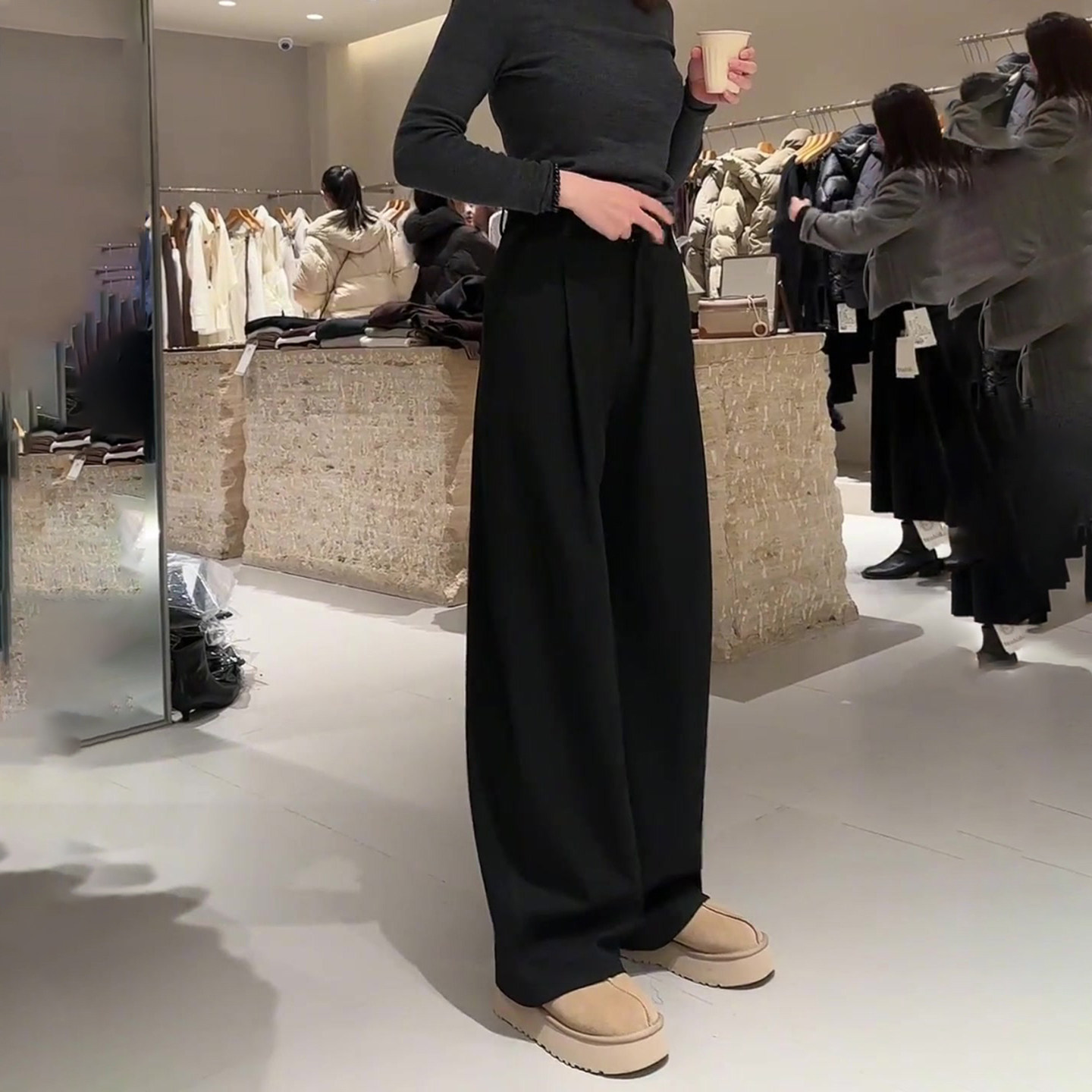 极简黑色毛呢休闲裤女秋冬新款高腰显瘦时尚百搭窄版直筒阔腿裤子,淘宝优惠券,粉丝福利购,淘宝优惠卷