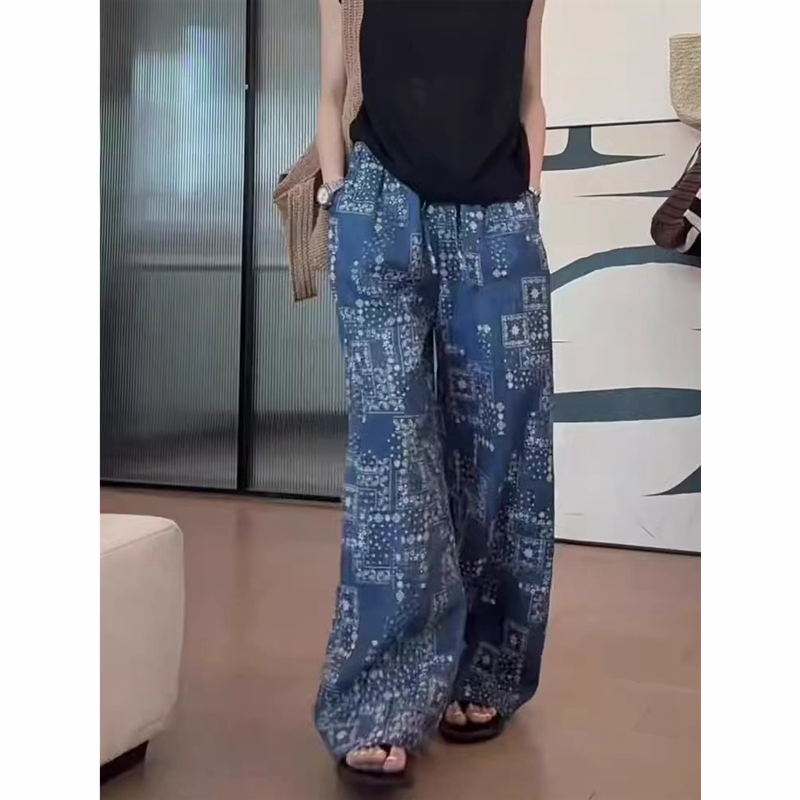 欧货大牌蓝色印花亚麻阔腿裤女2025夏季新款时尚高腰宽松休闲裤子,淘宝优惠券,粉丝福利购,淘宝优惠卷