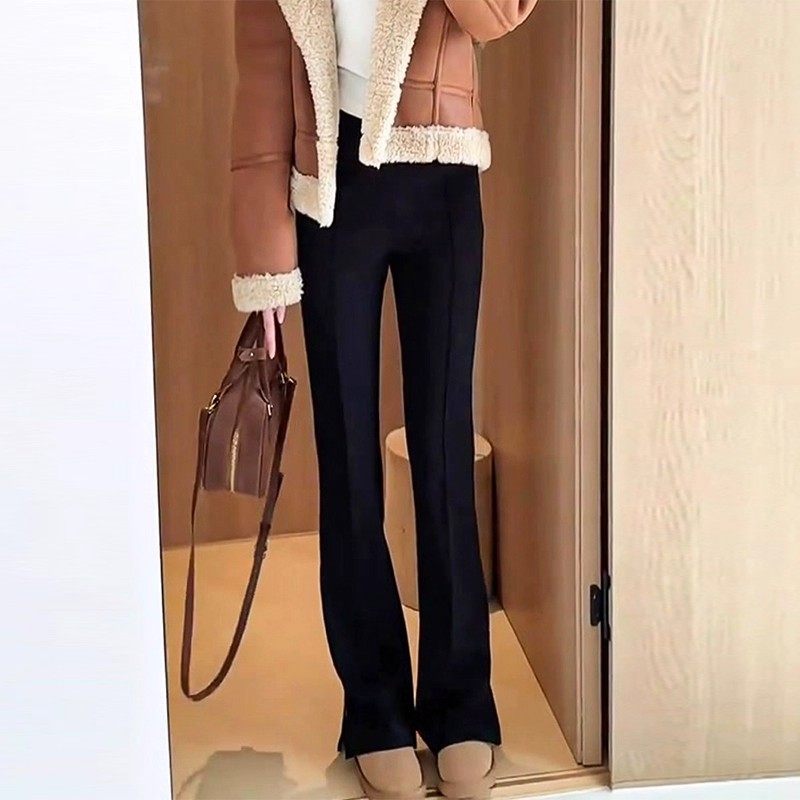 黑色加绒加厚微喇裤女冬季新款大码修身显瘦弹力开叉直筒西装裤子,淘宝优惠券,粉丝福利购,淘宝优惠卷