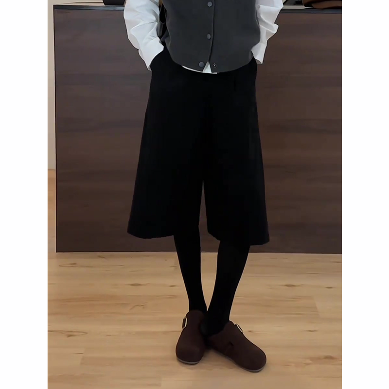 黑色毛呢六七分裤女2025秋季流行新款高腰显瘦高级感通勤风阔腿裤,淘宝优惠券,粉丝福利购,淘宝优惠卷