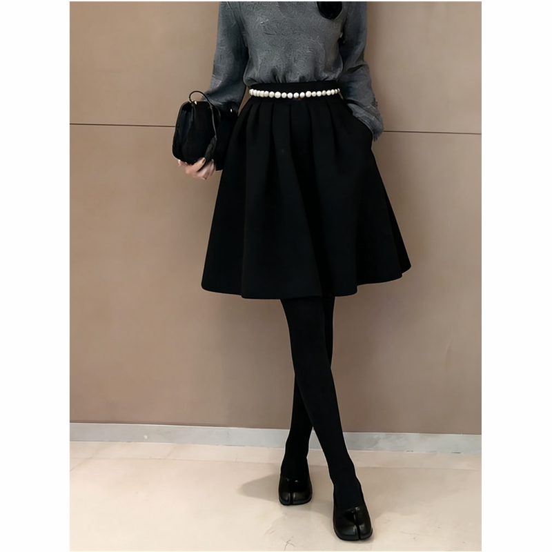 韩系黑色加厚毛呢A字半身裙女2025冬季新款高腰显瘦百搭花苞短裙,淘宝优惠券,粉丝福利购,淘宝优惠卷